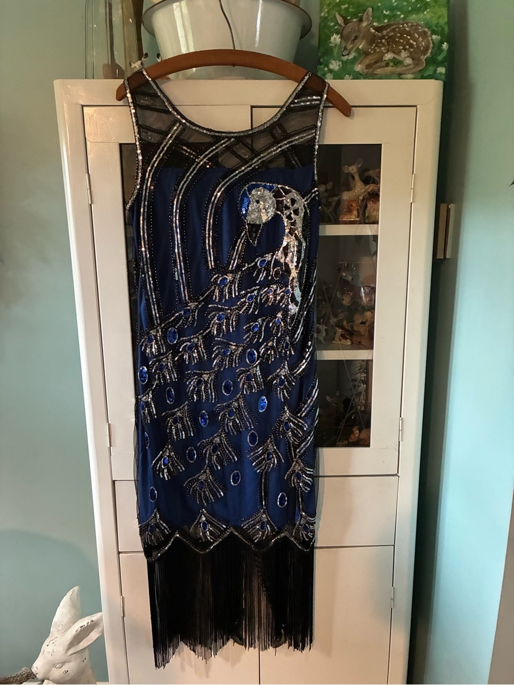 Babeyond sz L Flapper Beaded Peacock-Embellished Blue Fringe Dress euc